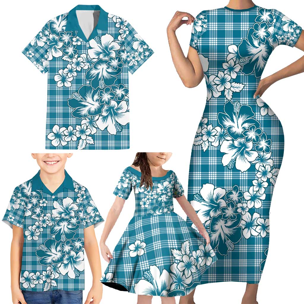 Hibiscus Pakala Ocean Depths Blue Family Matching Short Sleeve Bodycon Dress and Hawaiian Shirt Tropical Floral Stylized - Polynesian Pride