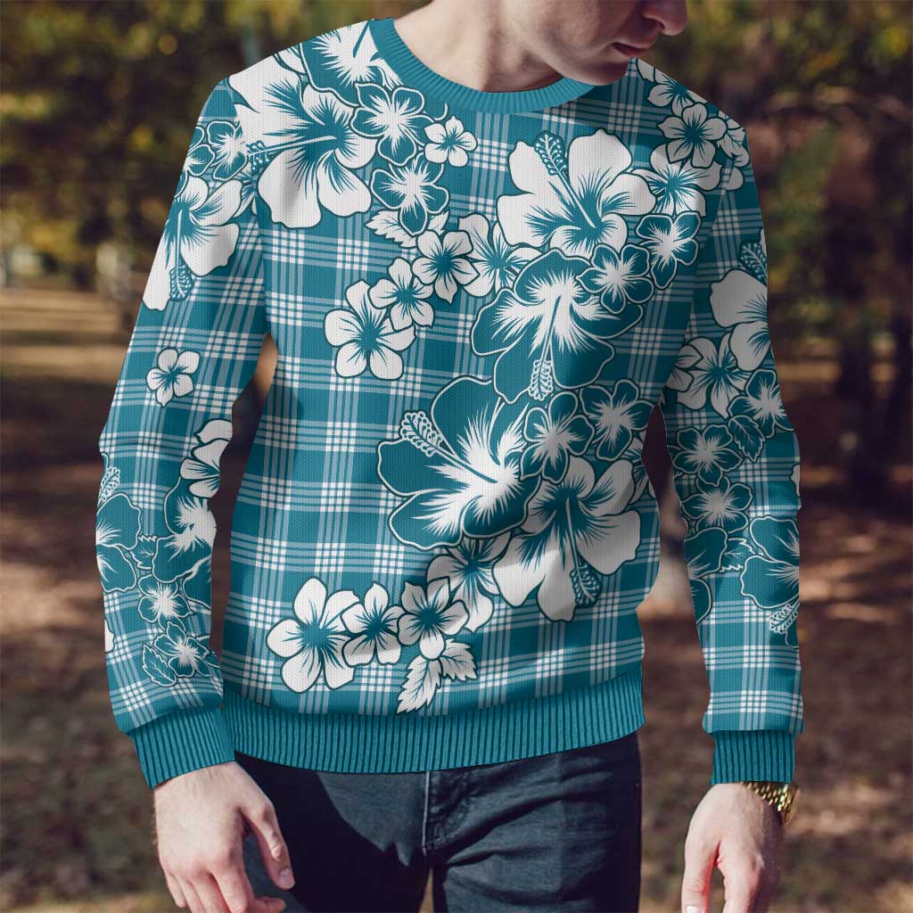 Hibiscus Pakala Ocean Depths Blue Ugly Christmas Sweater Tropical Floral Stylized - Polynesian Pride