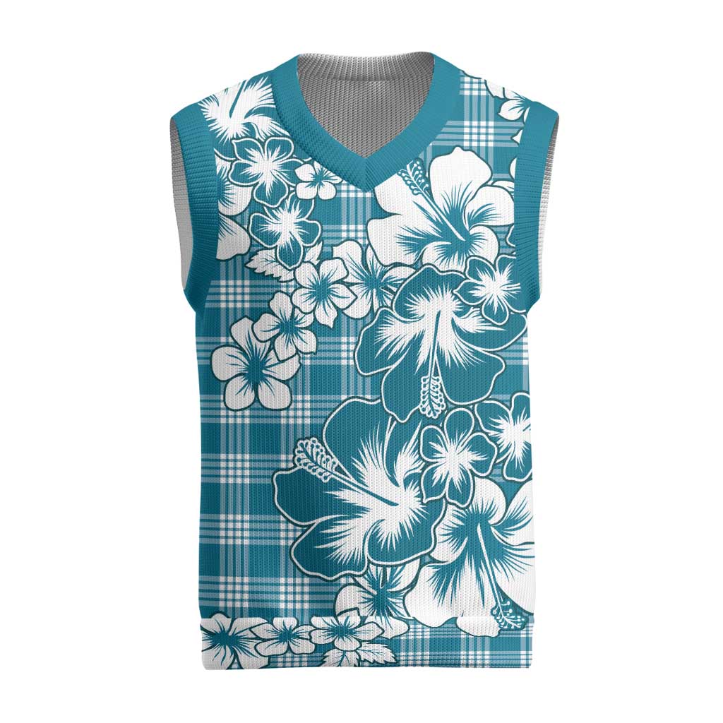 Hibiscus Pakala Ocean Depths Blue Christmas Knitted V-Neck Vest Tropical Floral Stylized LT01 Blue - Polynesian Pride