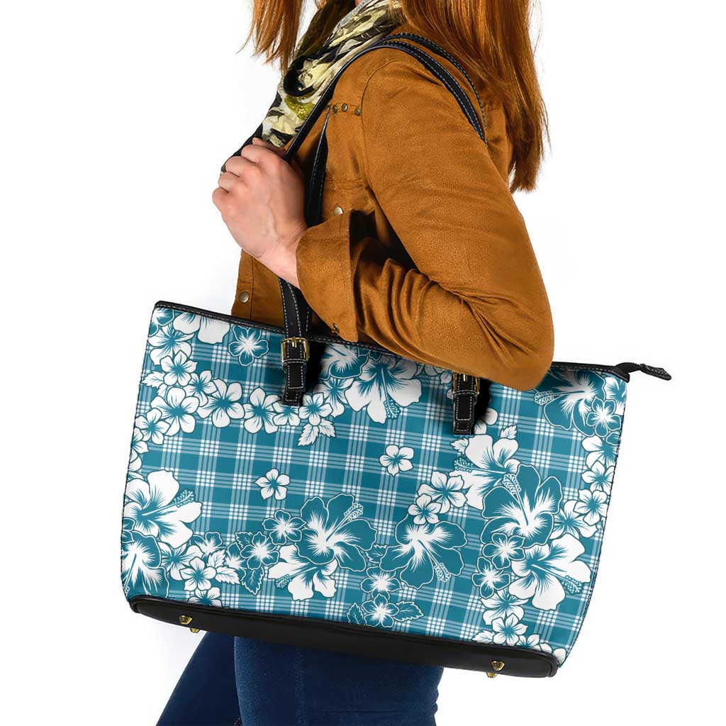 Hibiscus Pakala Ocean Depths Blue Leather Tote Bag Tropical Floral Stylized LT01 Blue - Polynesian Pride