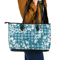 Hibiscus Pakala Ocean Depths Blue Leather Tote Bag Tropical Floral Stylized - Polynesian Pride