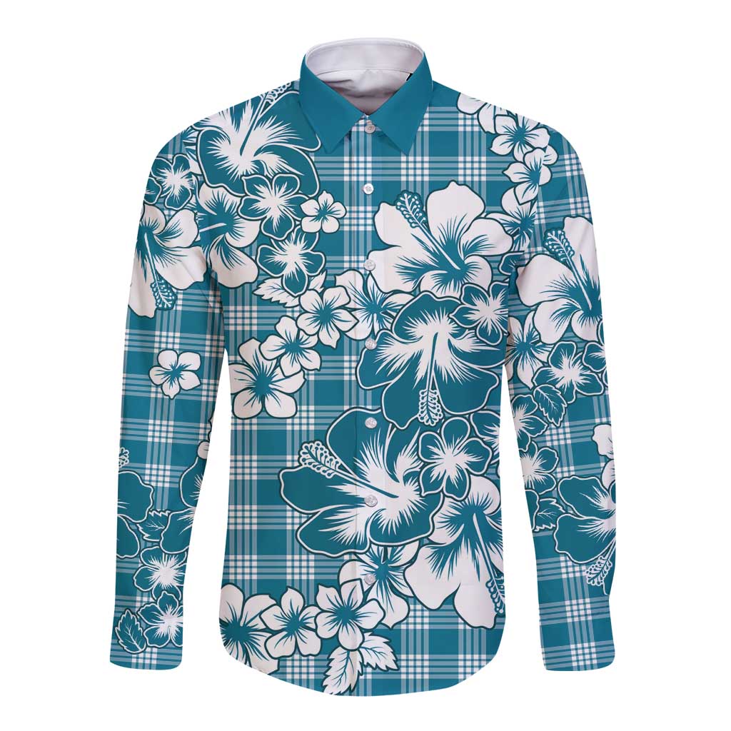 Hibiscus Pakala Ocean Depths Blue Long Sleeve Button Shirt Tropical Floral Stylized - Polynesian Pride