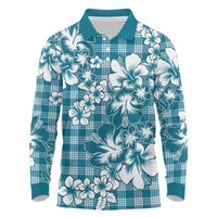 Hibiscus Pakala Ocean Depths Blue Long Sleeve Polo Shirt Tropical Floral Stylized - Polynesian Pride