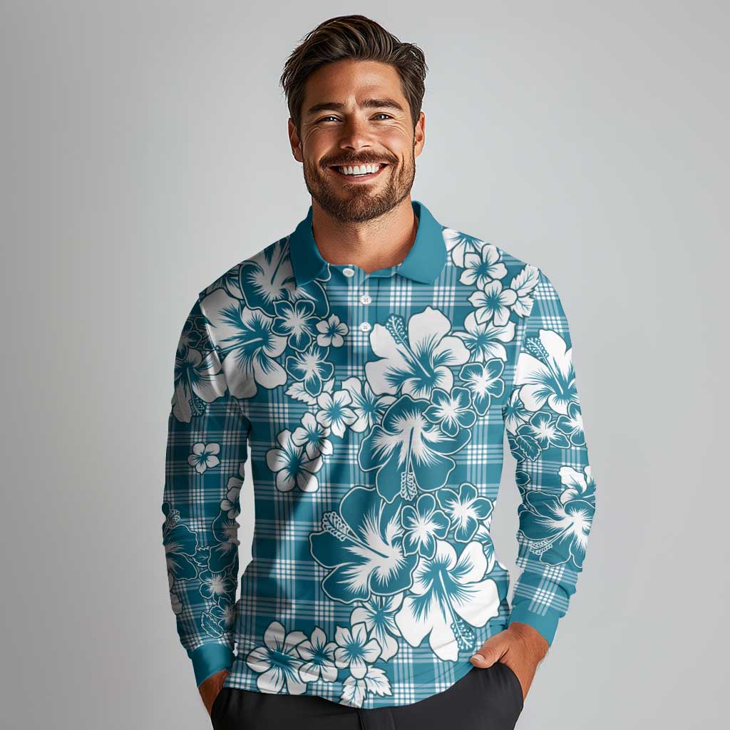 Hibiscus Pakala Ocean Depths Blue Long Sleeve Polo Shirt Tropical Floral Stylized - Polynesian Pride