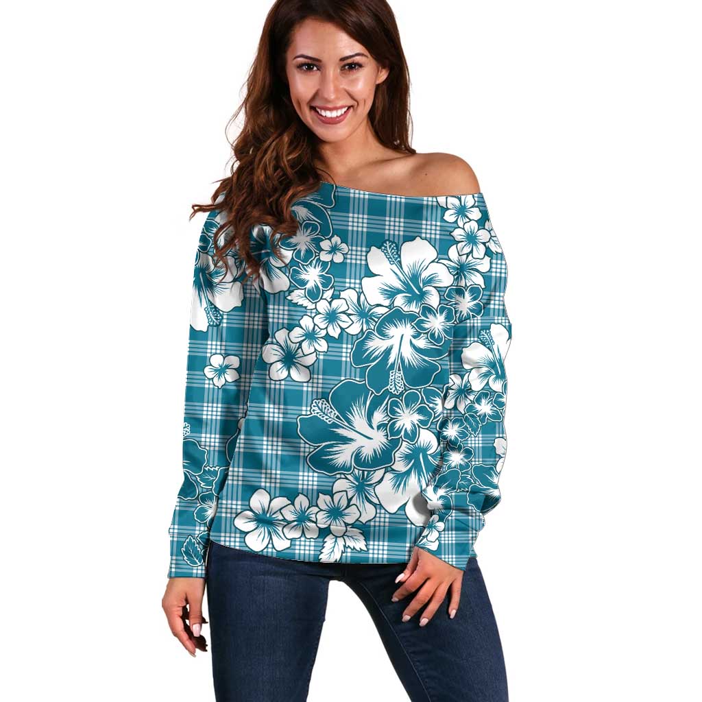 Hibiscus Pakala Ocean Depths Blue Off Shoulder Sweater Tropical Floral Stylized - Polynesian Pride