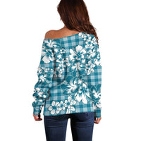 Hibiscus Pakala Ocean Depths Blue Off Shoulder Sweater Tropical Floral Stylized - Polynesian Pride