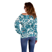 Hibiscus Pakala Ocean Depths Blue Off Shoulder Sweater Tropical Floral Stylized - Polynesian Pride