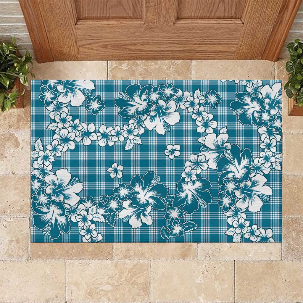Hibiscus Pakala Ocean Depths Blue Rubber Doormat Tropical Floral Stylized LT01 Blue - Polynesian Pride