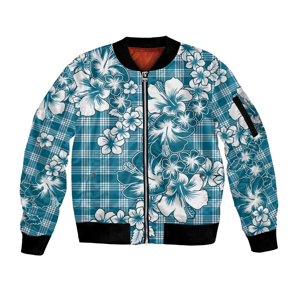 Hibiscus Pakala Ocean Depths Blue Sleeve Zip Bomber Jacket Tropical Floral Stylized LT01 Unisex Blue - Polynesian Pride