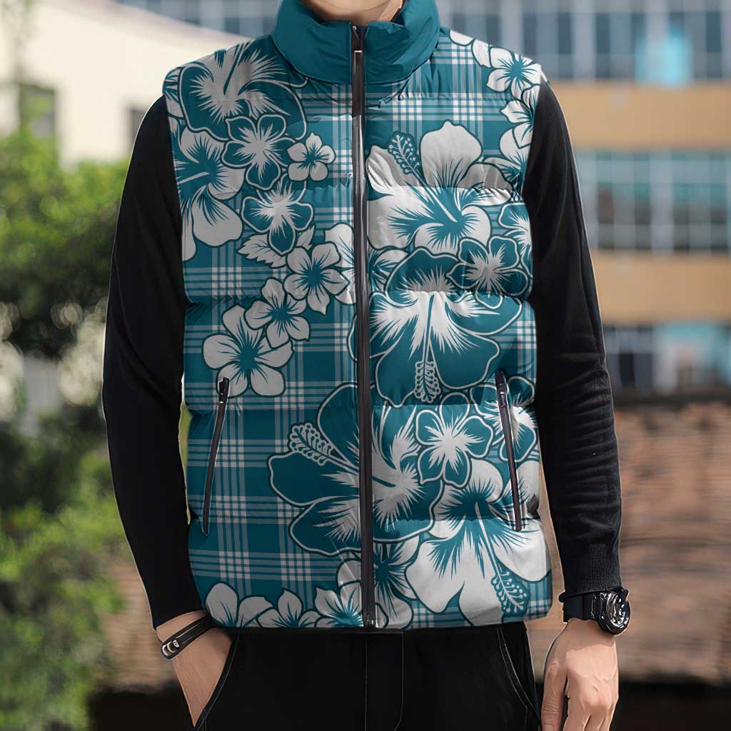 Hibiscus Pakala Ocean Depths Blue Sleeveless Puffer Jacket Tropical Floral Stylized - Polynesian Pride