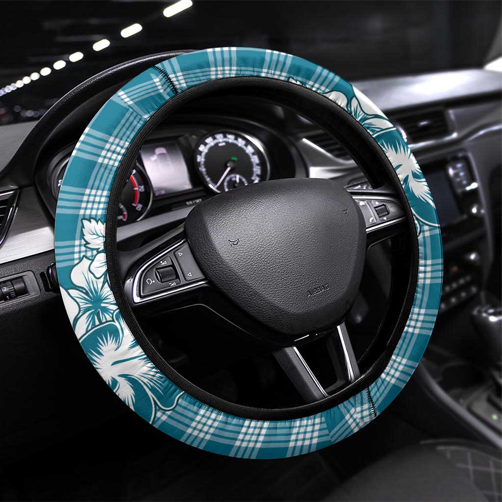 Hibiscus Pakala Ocean Depths Blue Steering Wheel Cover Tropical Floral Stylized LT01 Universal Fit Blue - Polynesian Pride