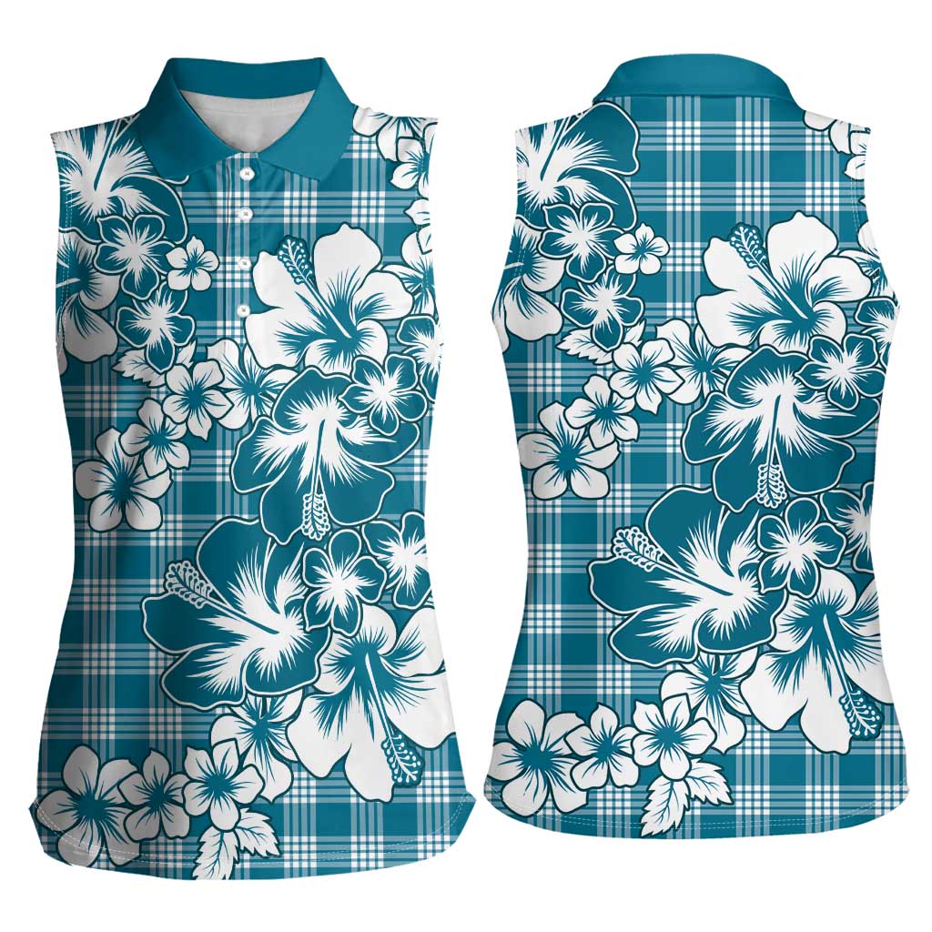 Hibiscus Pakala Ocean Depths Blue Women Sleeveless Polo Shirt Tropical Floral Stylized - Polynesian Pride