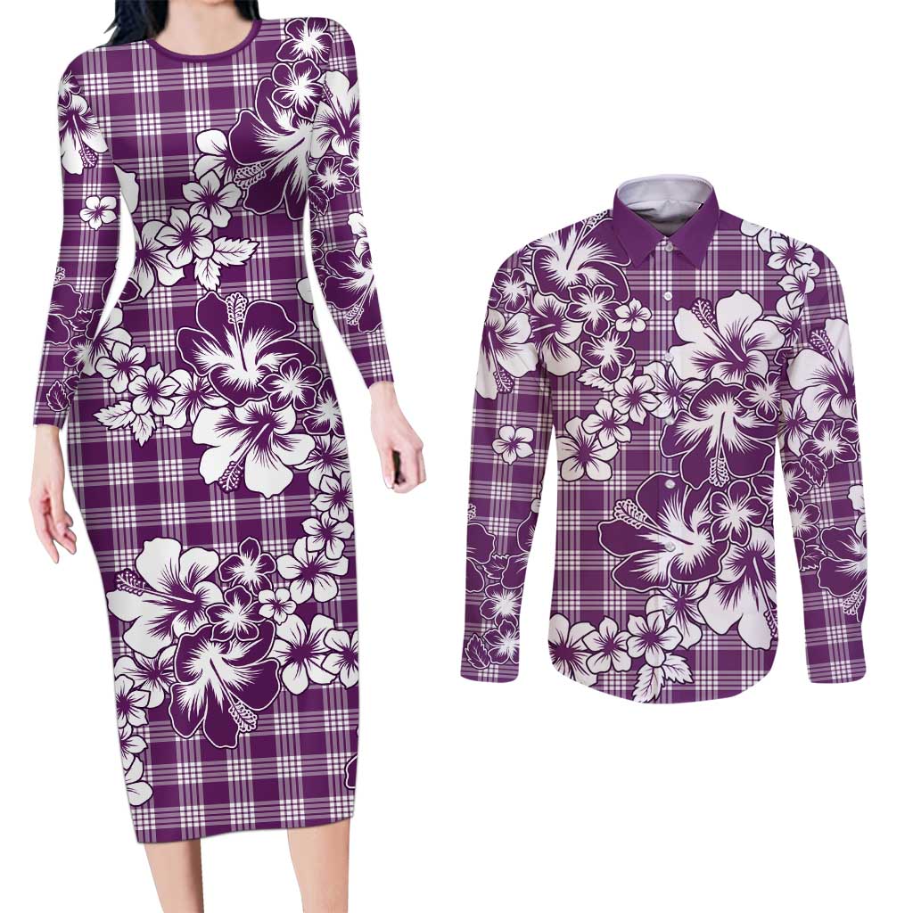 Hibiscus Pakala Sweetie Purple Couples Matching Long Sleeve Bodycon Dress and Long Sleeve Button Shirt Tropical Floral Stylized - Polynesian Pride