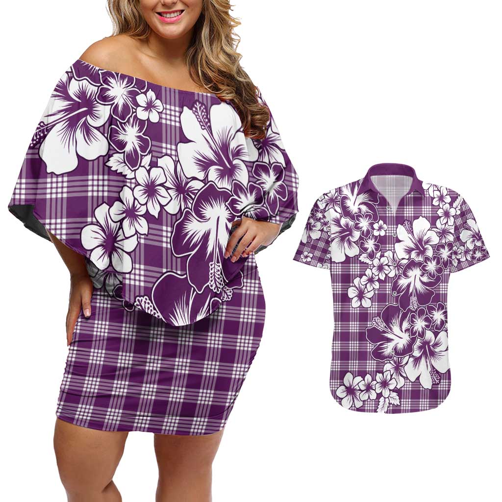 Hibiscus Pakala Sweetie Purple Couples Matching Off Shoulder Short Dress and Hawaiian Shirt Tropical Floral Stylized - Polynesian Pride