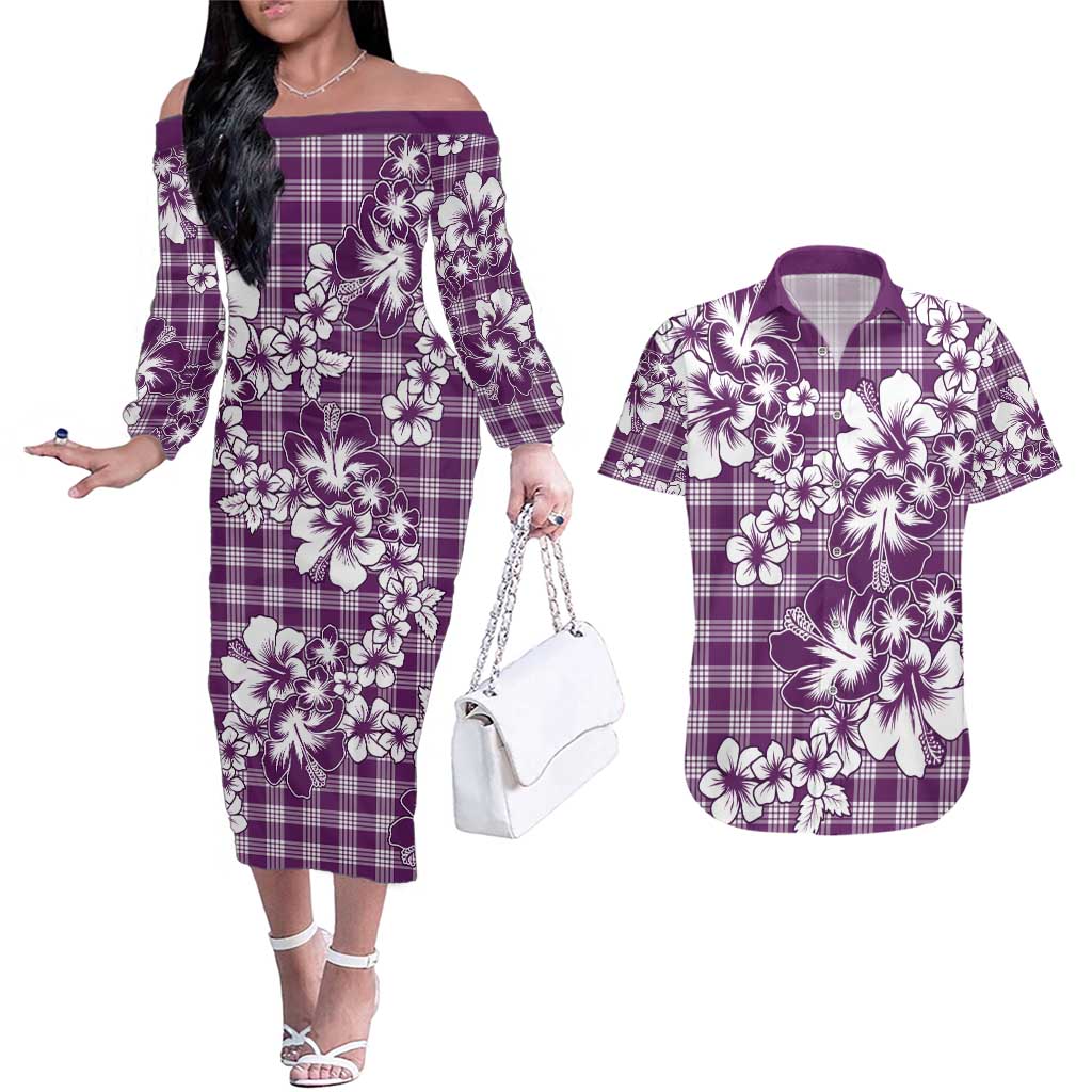 Hibiscus Pakala Sweetie Purple Couples Matching Off The Shoulder Long Sleeve Dress and Hawaiian Shirt Tropical Floral Stylized - Polynesian Pride