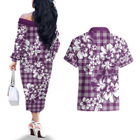 Hibiscus Pakala Sweetie Purple Couples Matching Off The Shoulder Long Sleeve Dress and Hawaiian Shirt Tropical Floral Stylized - Polynesian Pride