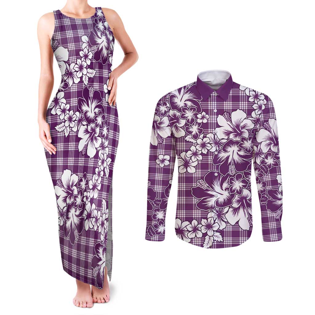 Hibiscus Pakala Sweetie Purple Couples Matching Tank Maxi Dress and Long Sleeve Button Shirt Tropical Floral Stylized - Polynesian Pride