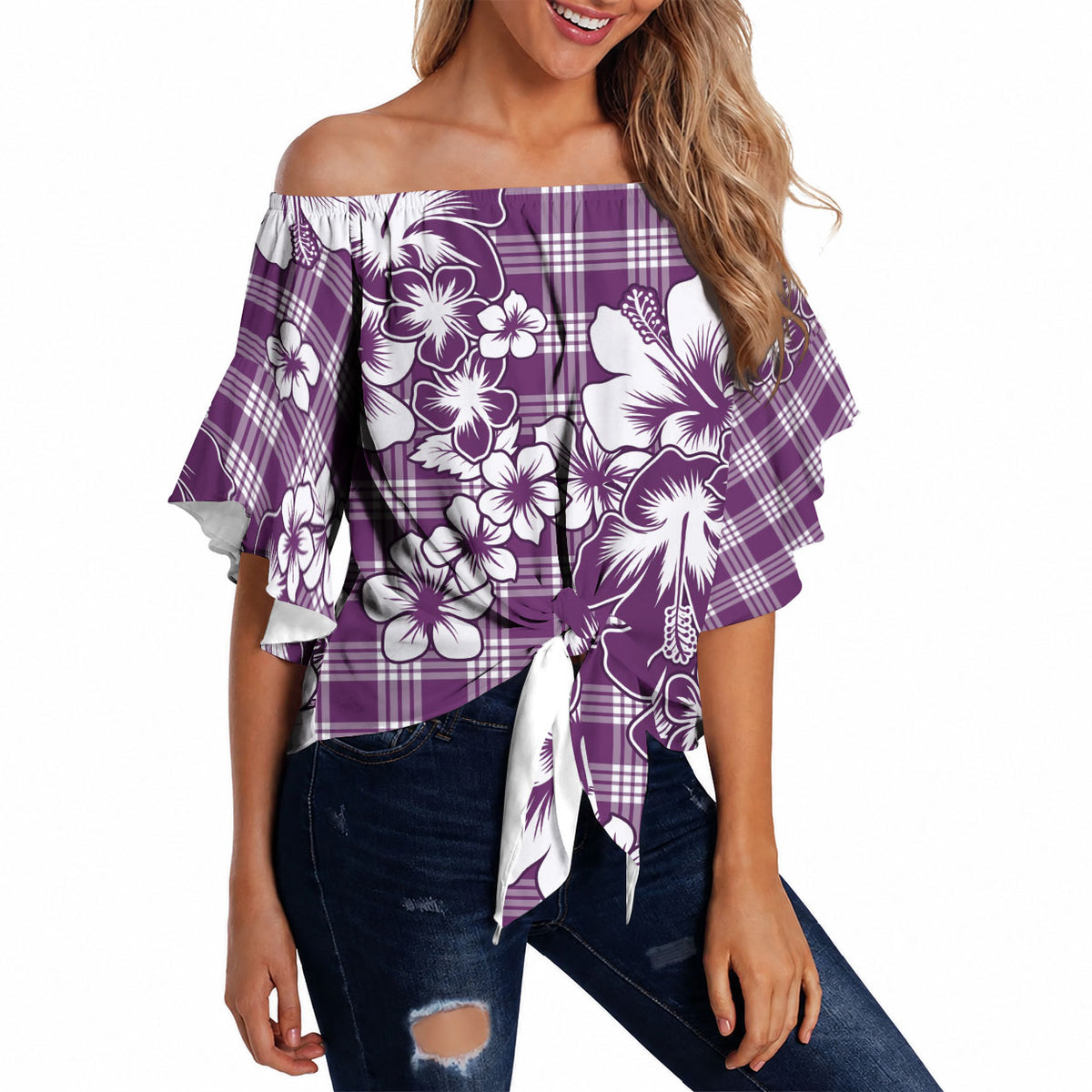 Hibiscus Pakala Sweetie Purple Off Shoulder Wrap Waist Top Tropical Floral Stylized LT01 - Polynesian Pride
