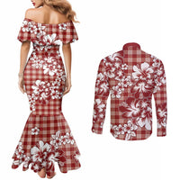Hibiscus Pakala Fantasy Red Couples Matching Mermaid Dress and Long Sleeve Button Shirt Tropical Floral Stylized - Polynesian Pride