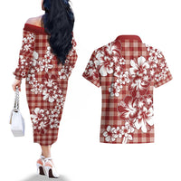 Hibiscus Pakala Fantasy Red Couples Matching Off The Shoulder Long Sleeve Dress and Hawaiian Shirt Tropical Floral Stylized - Polynesian Pride