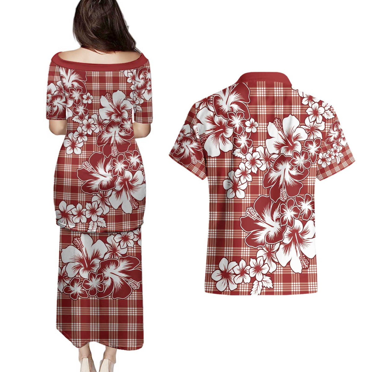 Hibiscus Pakala Fantasy Red Couples Matching Puletasi and Hawaiian Shirt Tropical Floral Stylized LT01 - Polynesian Pride
