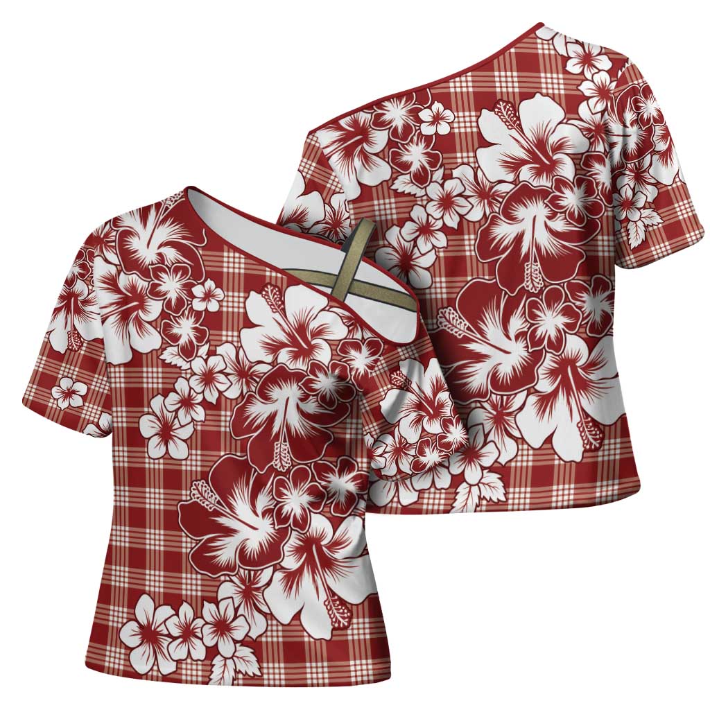 Hibiscus Pakala Fantasy Red Cross Shoulder Shirt Tropical Floral Stylized - Polynesian Pride