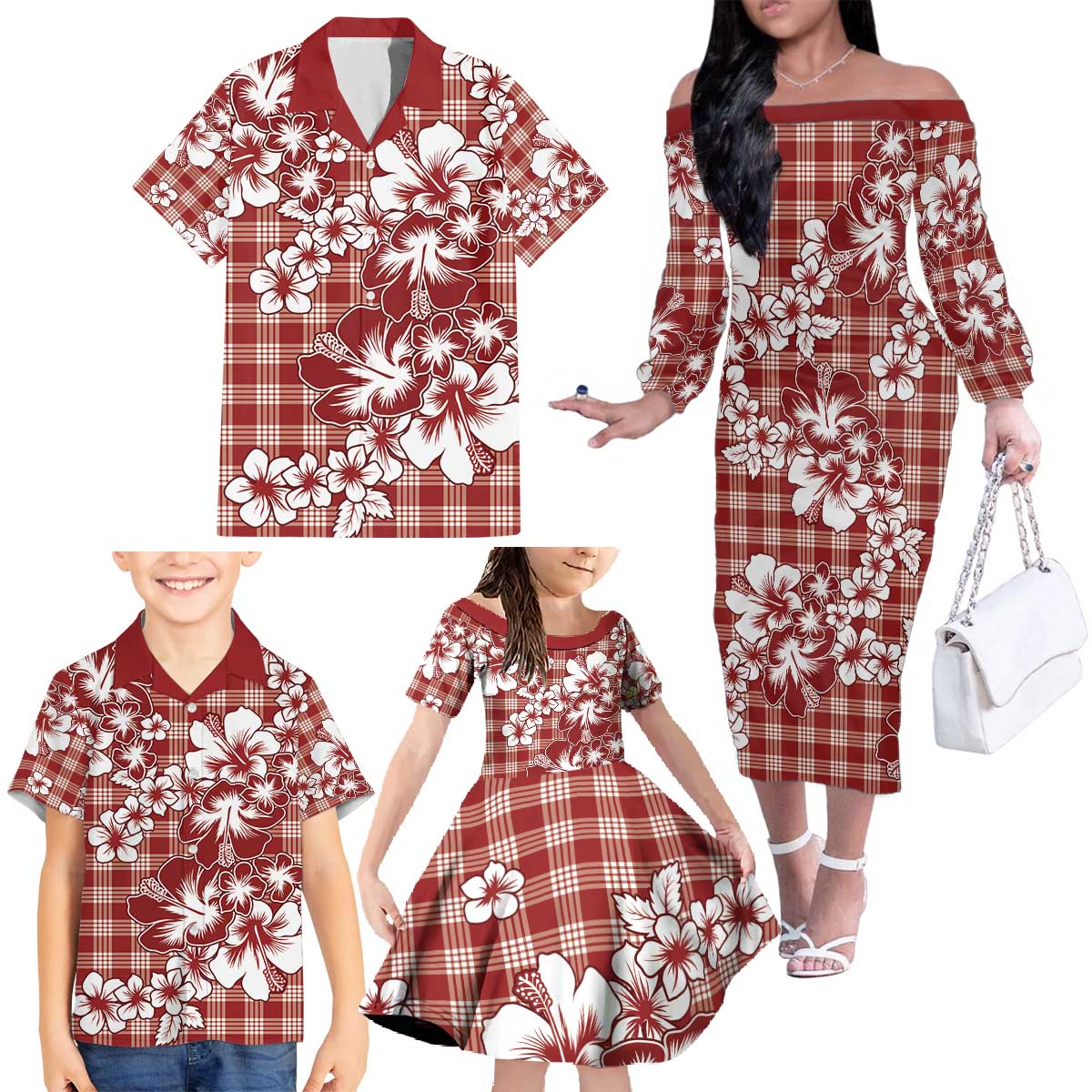 Hibiscus Pakala Fantasy Red Family Matching Off The Shoulder Long Sleeve Dress and Hawaiian Shirt Tropical Floral Stylized - Polynesian Pride
