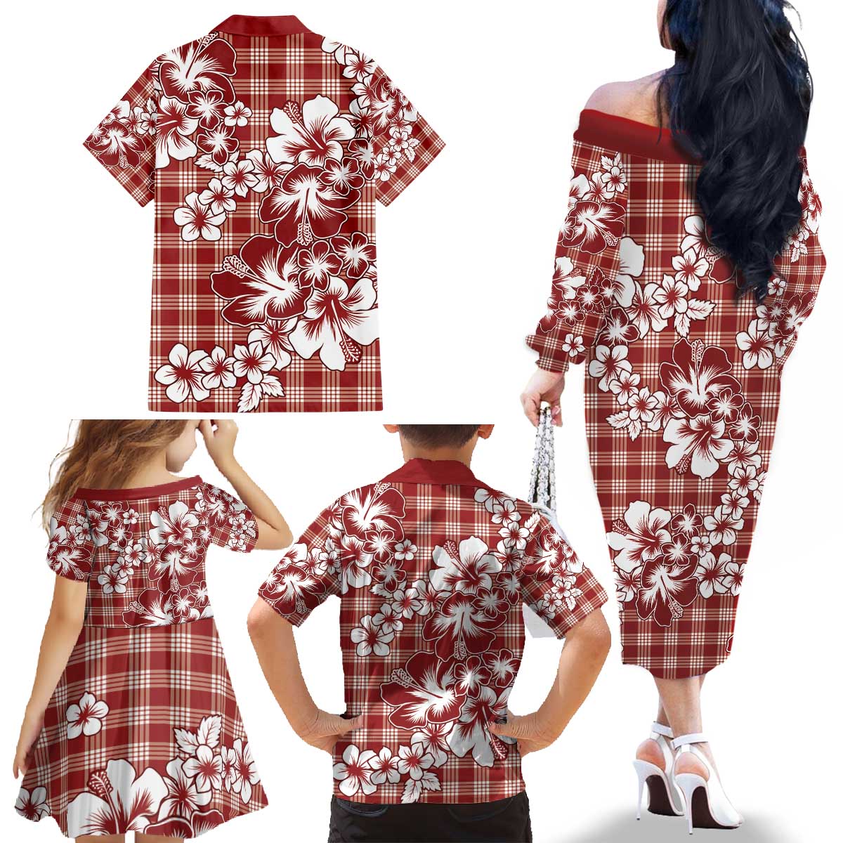 Hibiscus Pakala Fantasy Red Family Matching Off The Shoulder Long Sleeve Dress and Hawaiian Shirt Tropical Floral Stylized - Polynesian Pride
