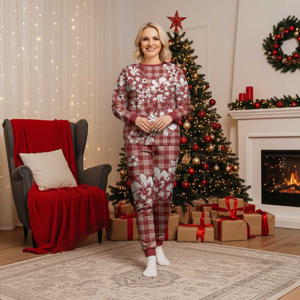 Hibiscus Pakala Fantasy Red Christmas Pajama Set Tropical Floral Stylized - Polynesian Pride