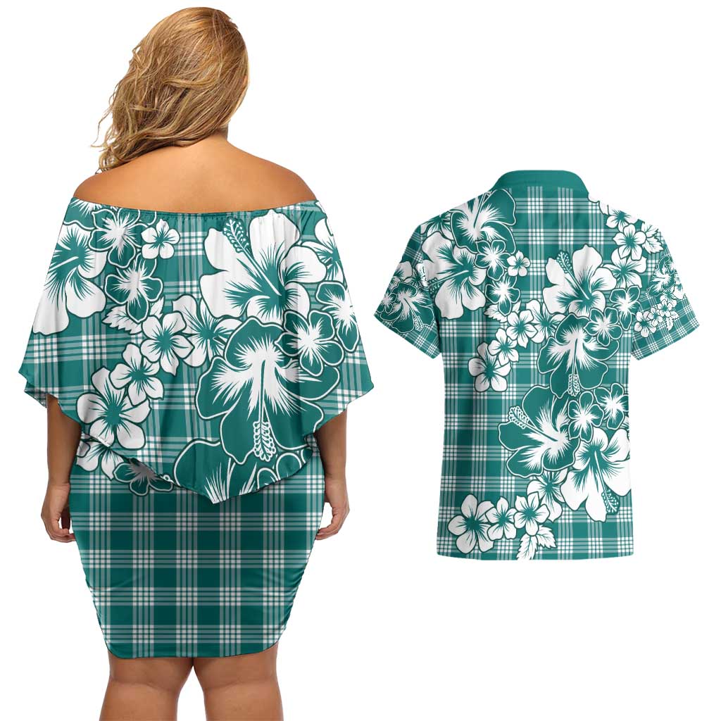 Hibiscus Pakala Aqua Teal Couples Matching Off Shoulder Short Dress and Hawaiian Shirt Tropical Floral Stylized - Polynesian Pride