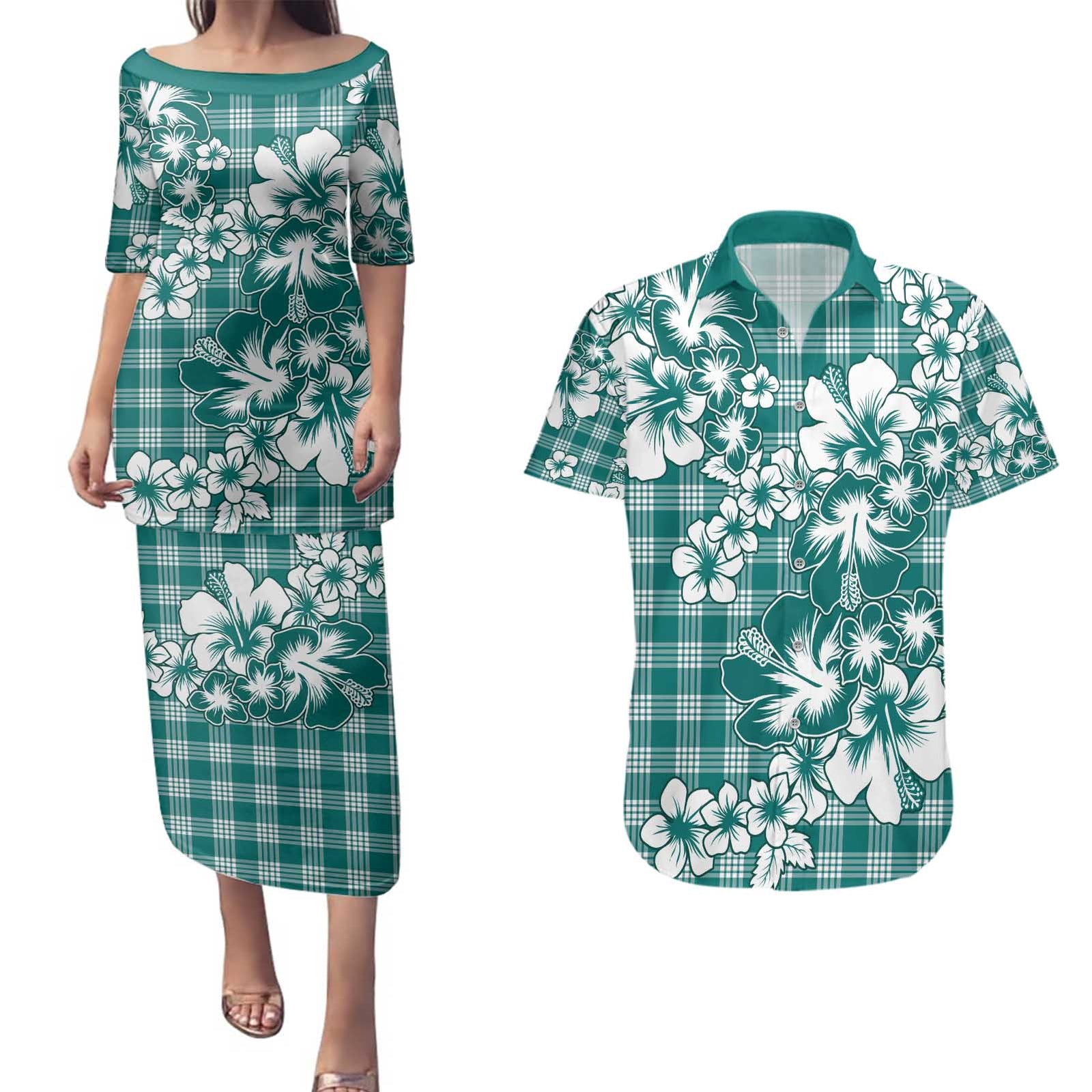 Hibiscus Pakala Aqua Teal Couples Matching Puletasi and Hawaiian Shirt Tropical Floral Stylized - Polynesian Pride