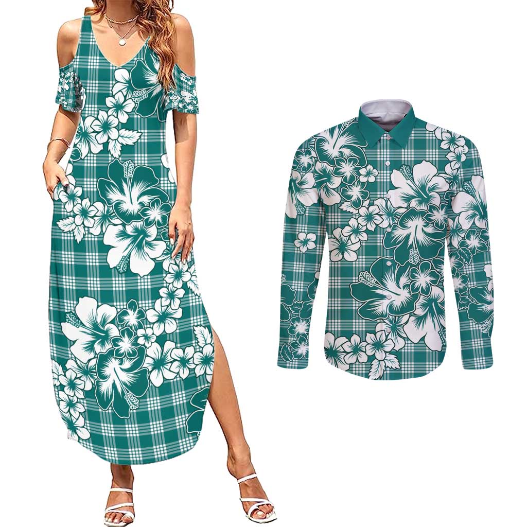 Hibiscus Pakala Aqua Teal Couples Matching Summer Maxi Dress and Long Sleeve Button Shirt Tropical Floral Stylized - Polynesian Pride