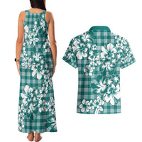 Hibiscus Pakala Aqua Teal Couples Matching Tank Maxi Dress and Hawaiian Shirt Tropical Floral Stylized - Polynesian Pride