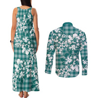 Hibiscus Pakala Aqua Teal Couples Matching Tank Maxi Dress and Long Sleeve Button Shirt Tropical Floral Stylized - Polynesian Pride