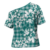Hibiscus Pakala Aqua Teal Cross Shoulder Shirt Tropical Floral Stylized - Polynesian Pride