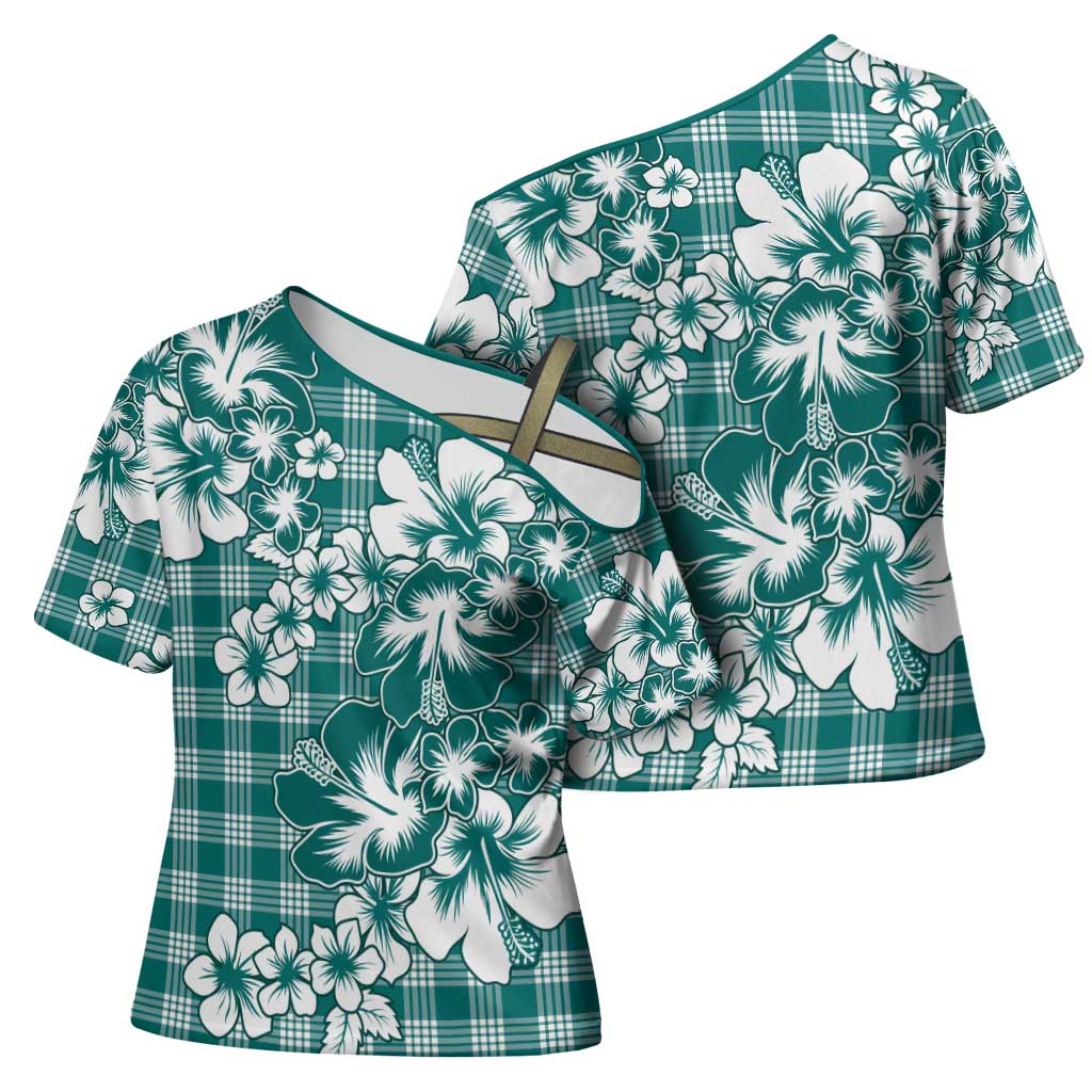 Hibiscus Pakala Aqua Teal Cross Shoulder Shirt Tropical Floral Stylized - Polynesian Pride