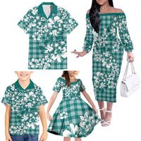Hibiscus Pakala Aqua Teal Family Matching Off The Shoulder Long Sleeve Dress and Hawaiian Shirt Tropical Floral Stylized - Polynesian Pride