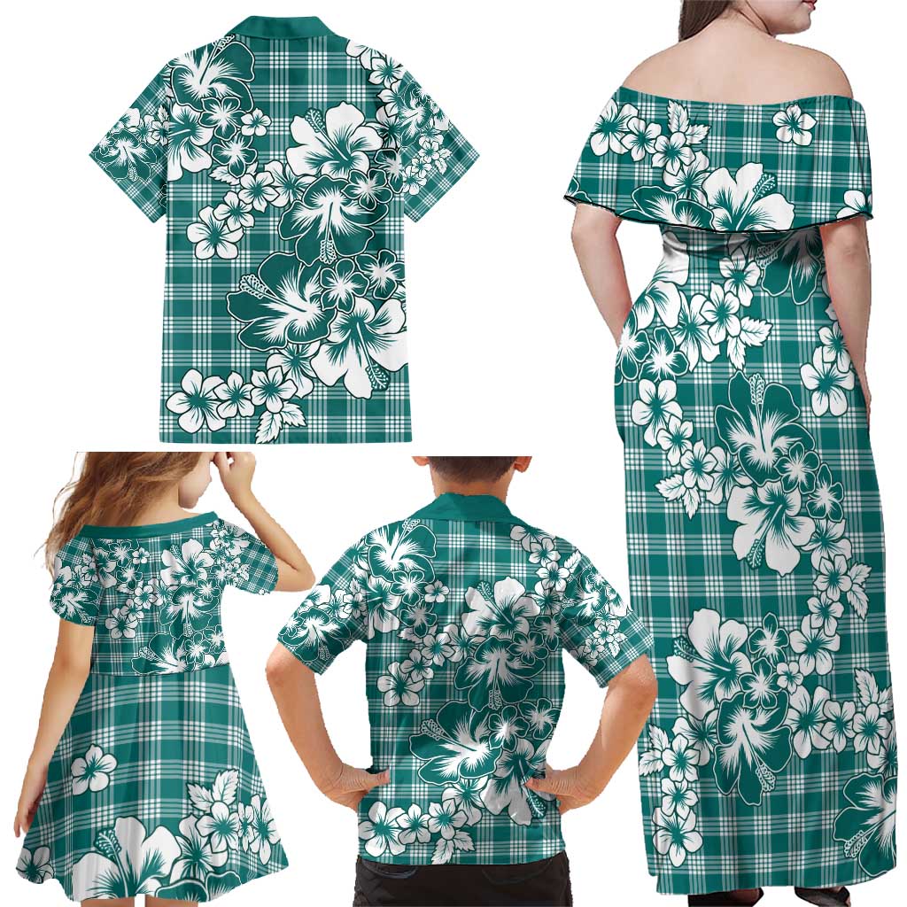 Hibiscus Pakala Aqua Teal Family Matching Off Shoulder Maxi Dress and Hawaiian Shirt Tropical Floral Stylized - Polynesian Pride