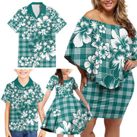 Hibiscus Pakala Aqua Teal Family Matching Off Shoulder Short Dress and Hawaiian Shirt Tropical Floral Stylized - Polynesian Pride