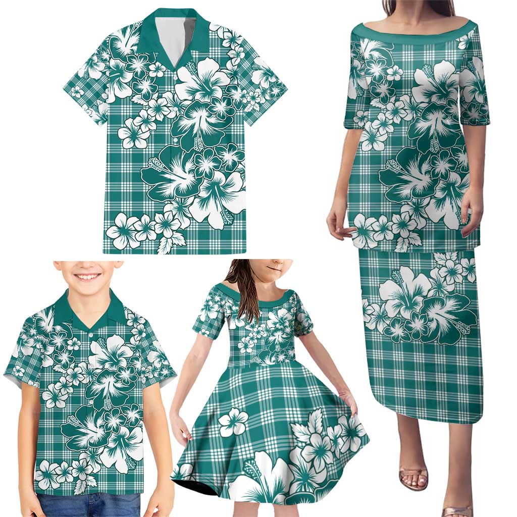 Hibiscus Pakala Aqua Teal Family Matching Puletasi and Hawaiian Shirt Tropical Floral Stylized - Polynesian Pride