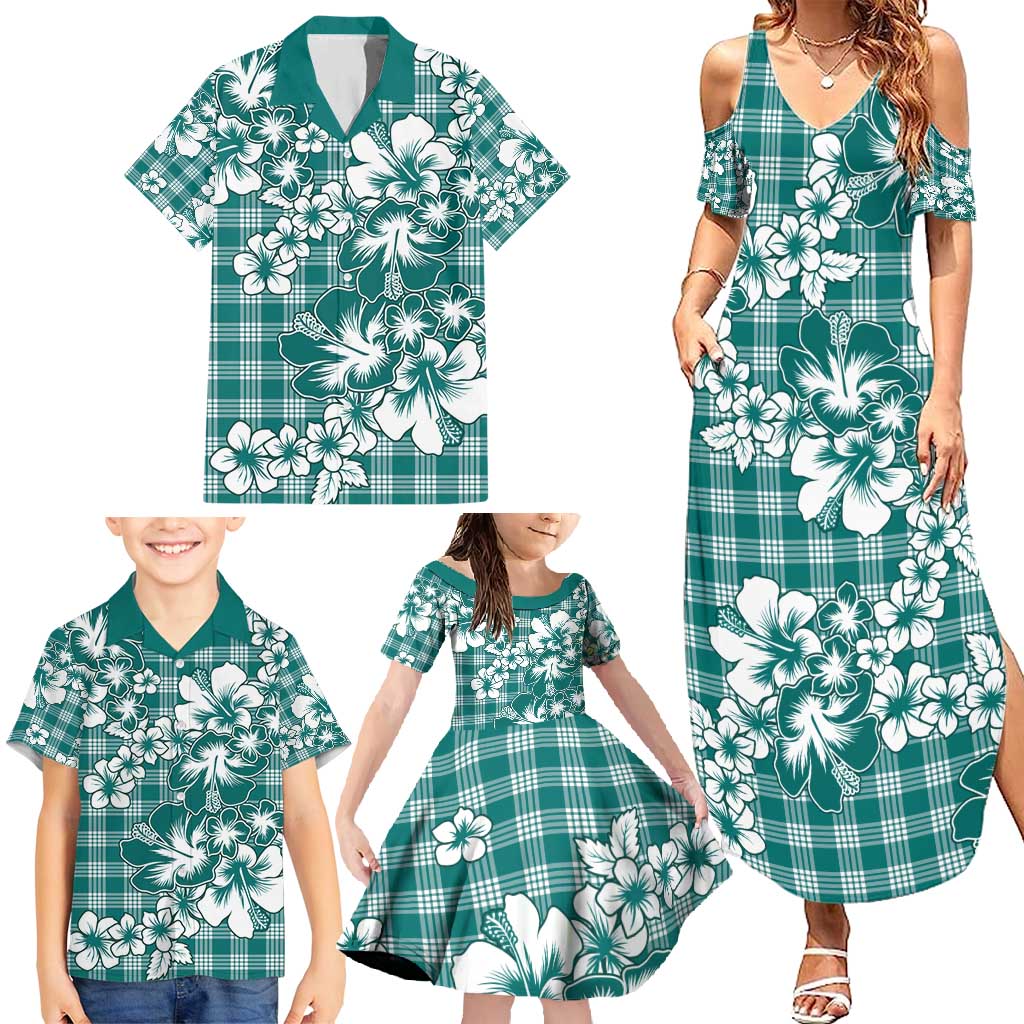 Hibiscus Pakala Aqua Teal Family Matching Summer Maxi Dress and Hawaiian Shirt Tropical Floral Stylized - Polynesian Pride