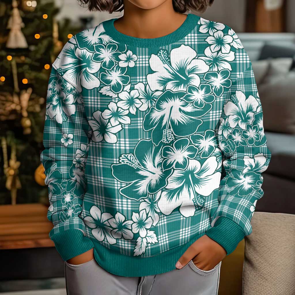 Hibiscus Pakala Aqua Teal Kid Ugly Christmas Sweater Tropical Floral Stylized - Polynesian Pride