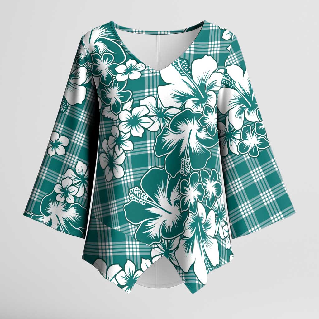 Hibiscus Pakala Aqua Teal Kimono Sleeve Blouse Tropical Floral Stylized - Polynesian Pride