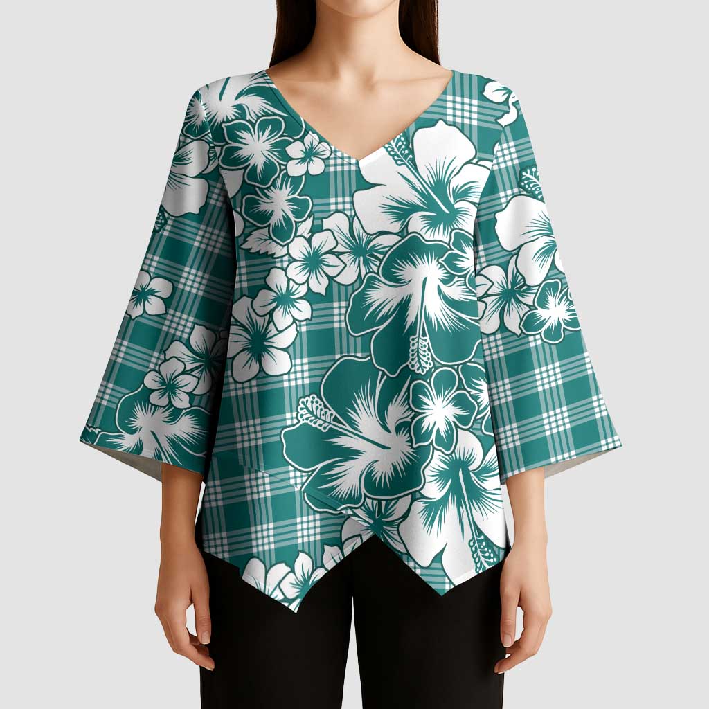 Hibiscus Pakala Aqua Teal Kimono Sleeve Blouse Tropical Floral Stylized - Polynesian Pride
