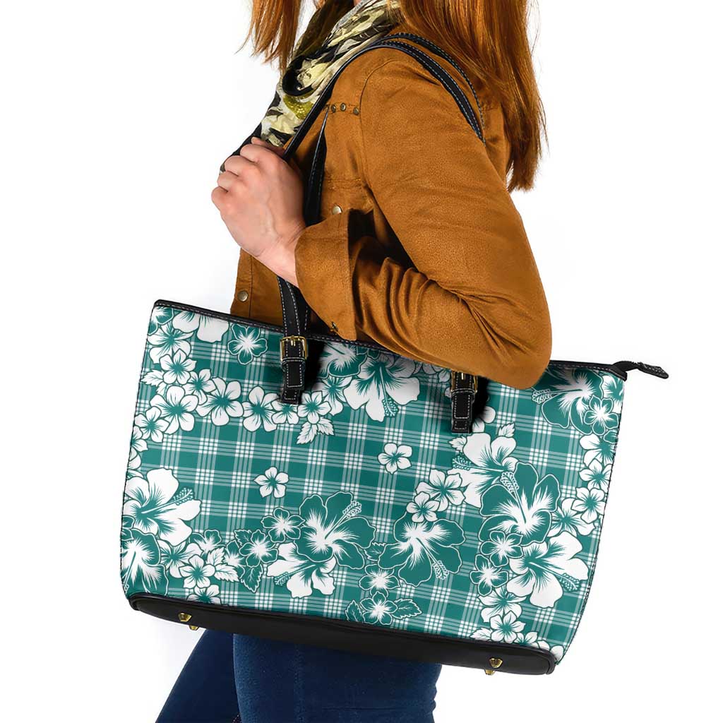 Hibiscus Pakala Aqua Teal Leather Tote Bag Tropical Floral Stylized LT01 Teal - Polynesian Pride