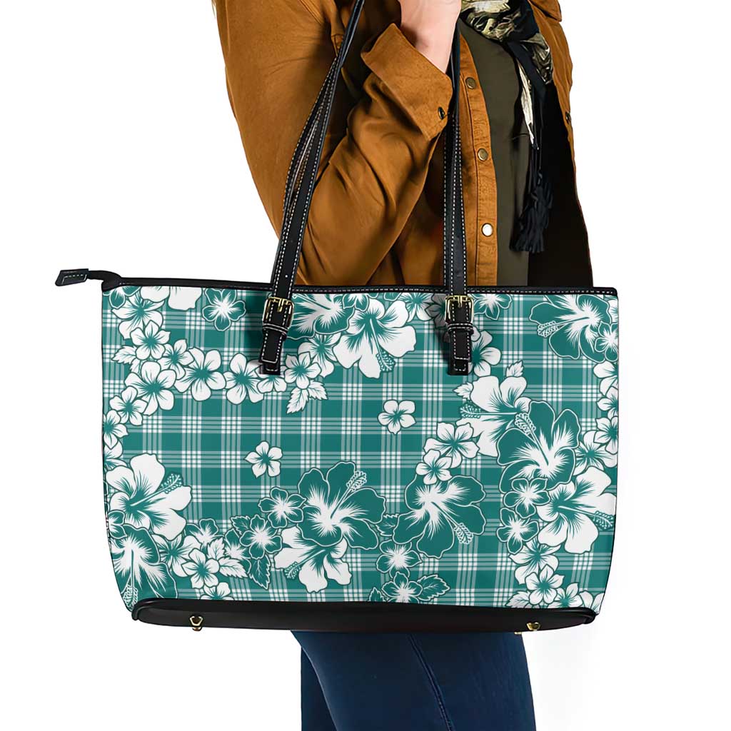 Hibiscus Pakala Aqua Teal Leather Tote Bag Tropical Floral Stylized LT01 - Polynesian Pride