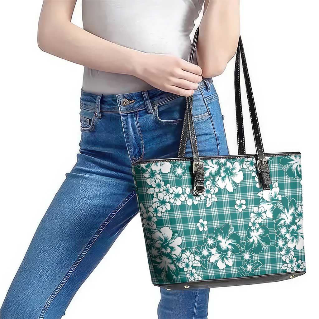 Hibiscus Pakala Aqua Teal Leather Tote Bag Tropical Floral Stylized LT01 - Polynesian Pride