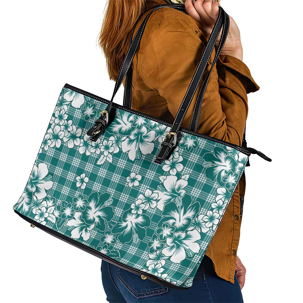 Hibiscus Pakala Aqua Teal Leather Tote Bag Tropical Floral Stylized LT01 - Polynesian Pride