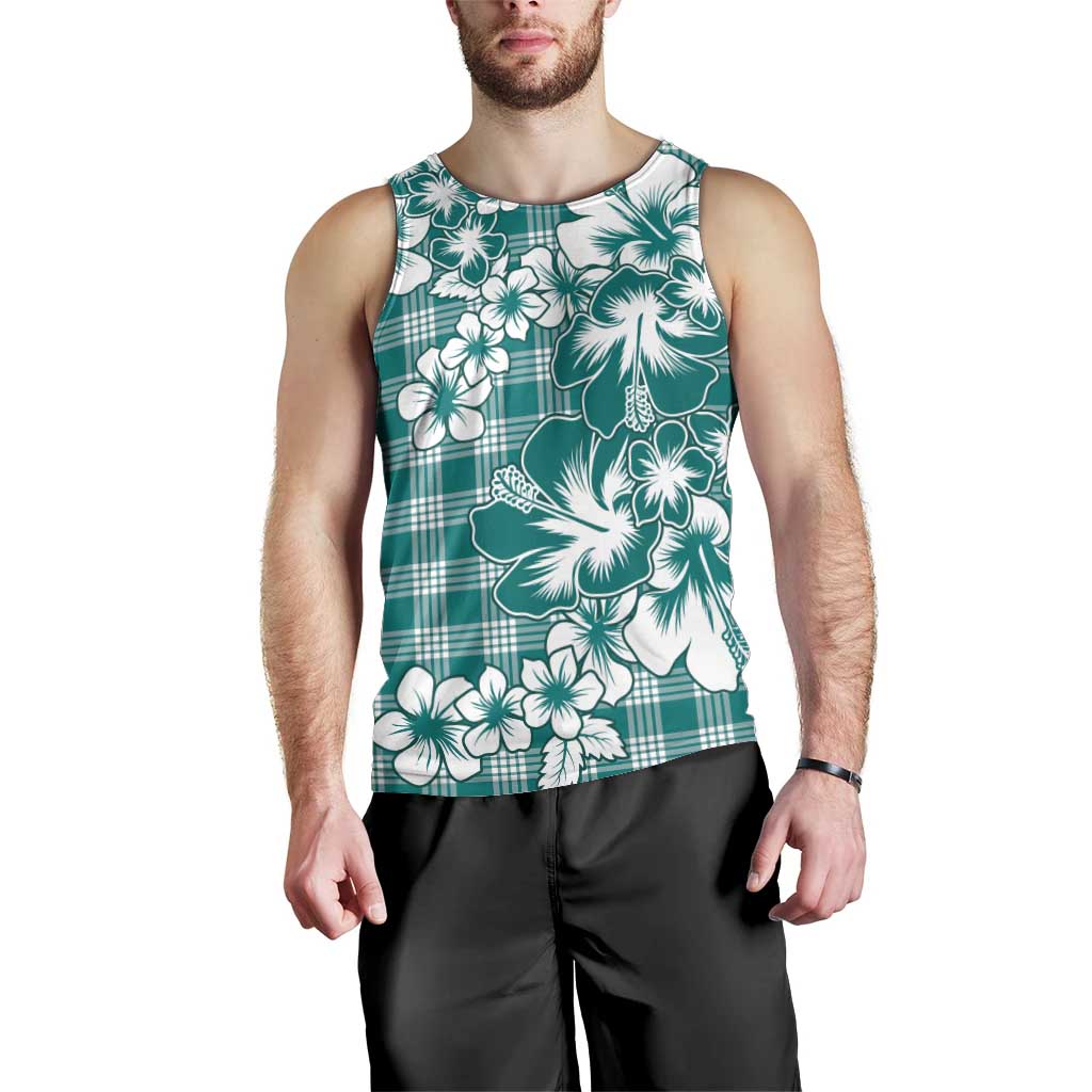 Hibiscus Pakala Aqua Teal Men Tank Top Tropical Floral Stylized - Polynesian Pride