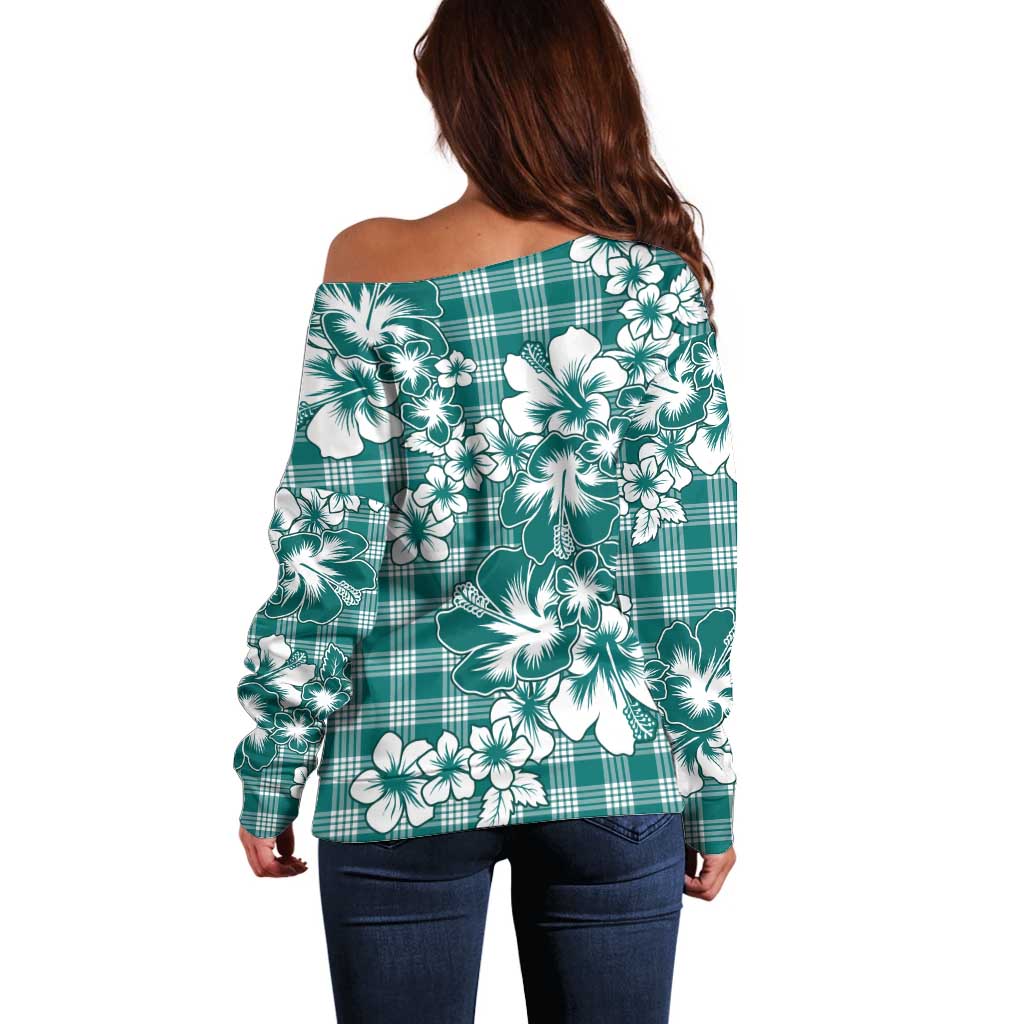 Hibiscus Pakala Aqua Teal Off Shoulder Sweater Tropical Floral Stylized LT01 - Polynesian Pride